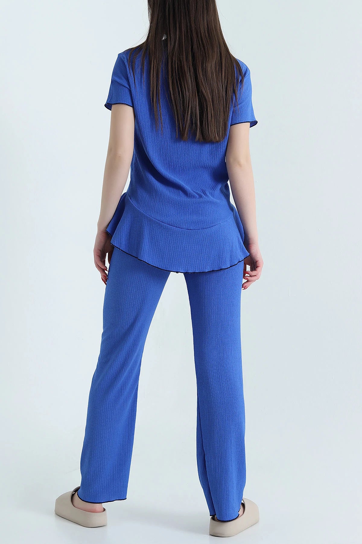 Blue Twill Fabric Buttoned Women's Pajama Set - Denoss