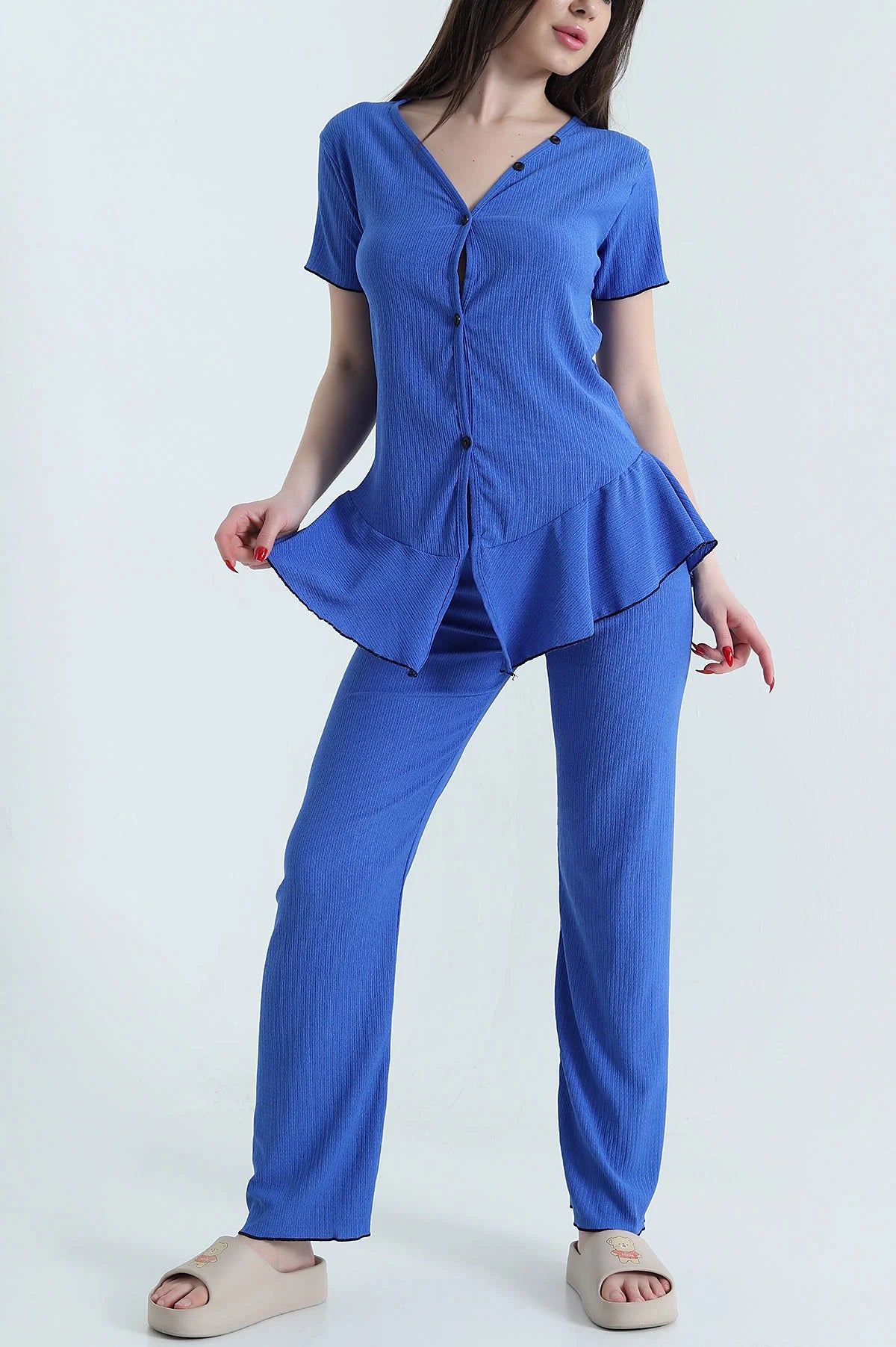 Blue Twill Fabric Buttoned Women's Pajama Set - Denoss