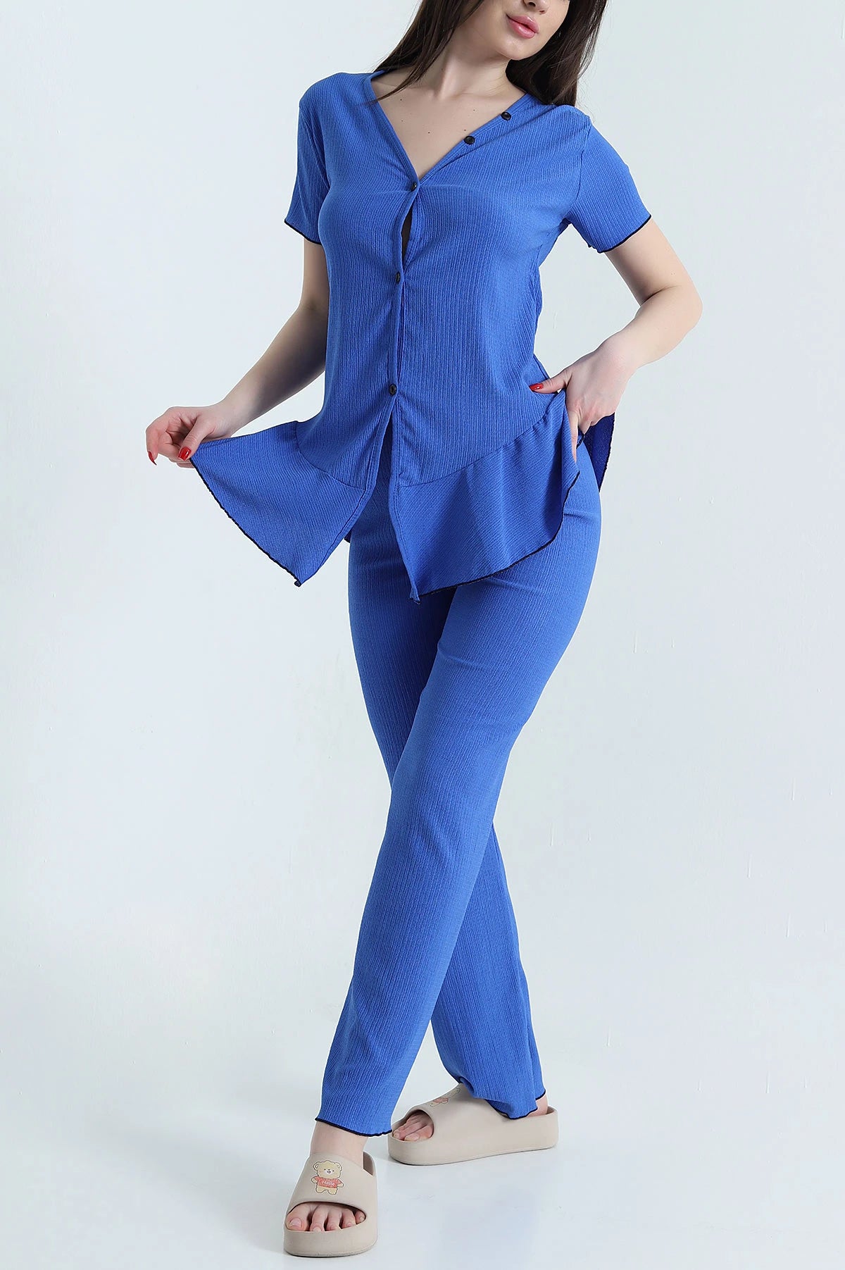 Blue Twill Fabric Buttoned Women's Pajama Set - Denoss