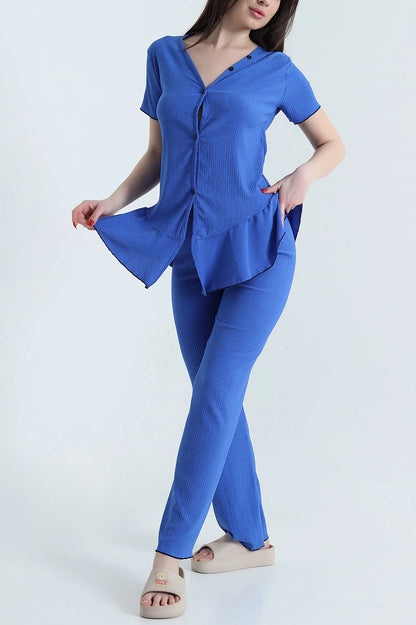 Blue Twill Fabric Buttoned Women's Pajama Set - Denoss