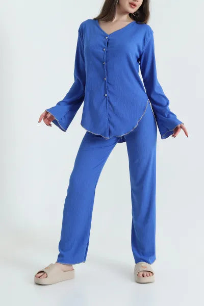 Blue Buttoned Crepe Women's Pajama Set - Denoss