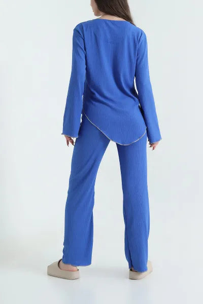Blue Buttoned Crepe Women's Pajama Set - Denoss