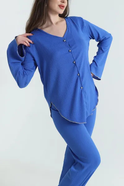 Blue Buttoned Crepe Women's Pajama Set - Denoss