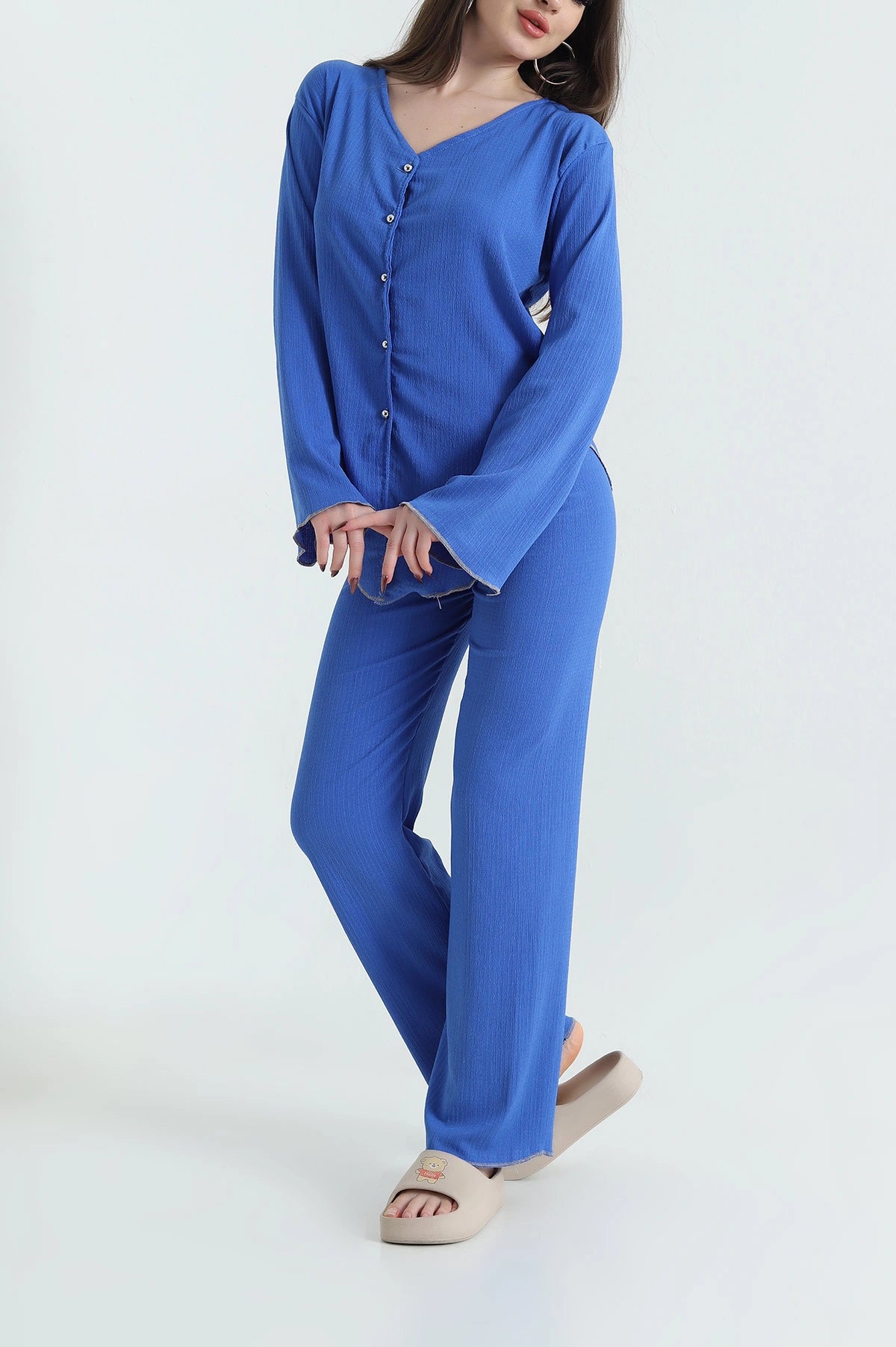 Blue Buttoned Crepe Women's Pajama Set - Denoss