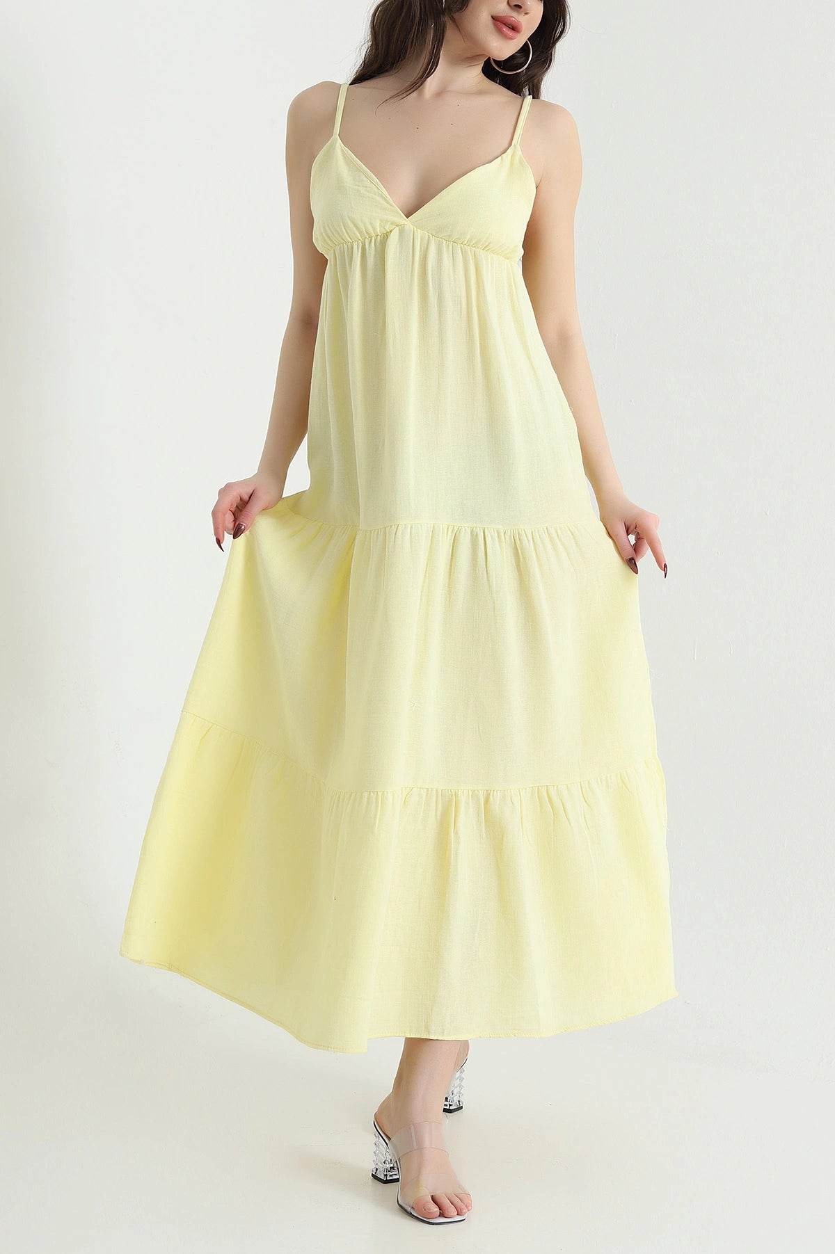 Yellow Thread Strap Muslin Linen Women's Dress
