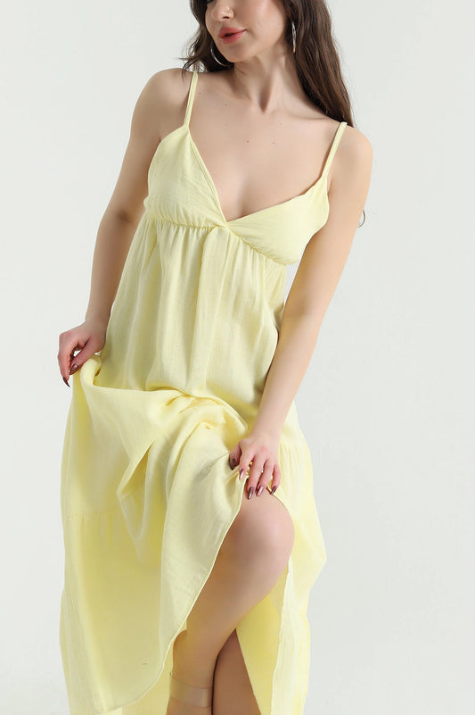 Yellow Thread Strap Muslin Linen Women's Dress