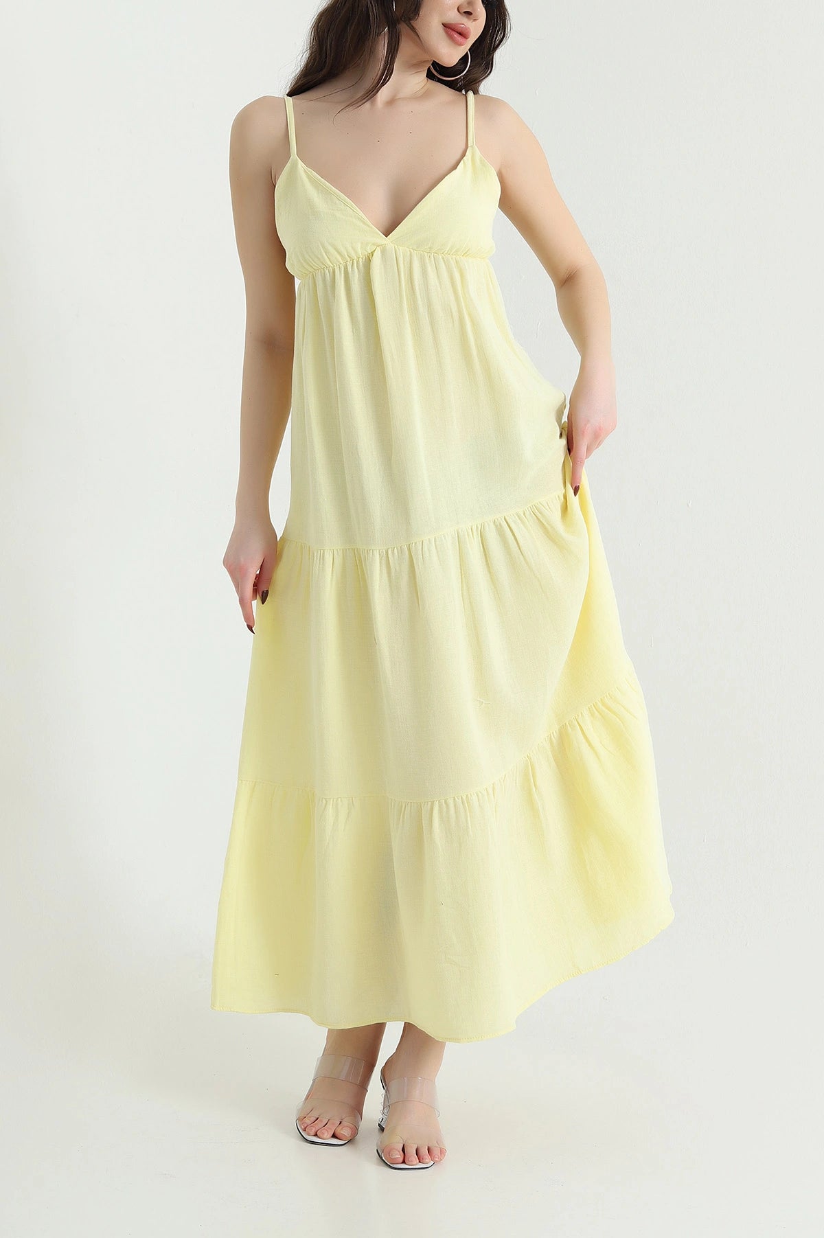 Yellow Thread Strap Muslin Linen Women's Dress