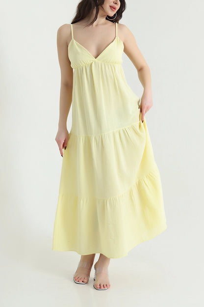Yellow Thread Strap Muslin Linen Women's Dress