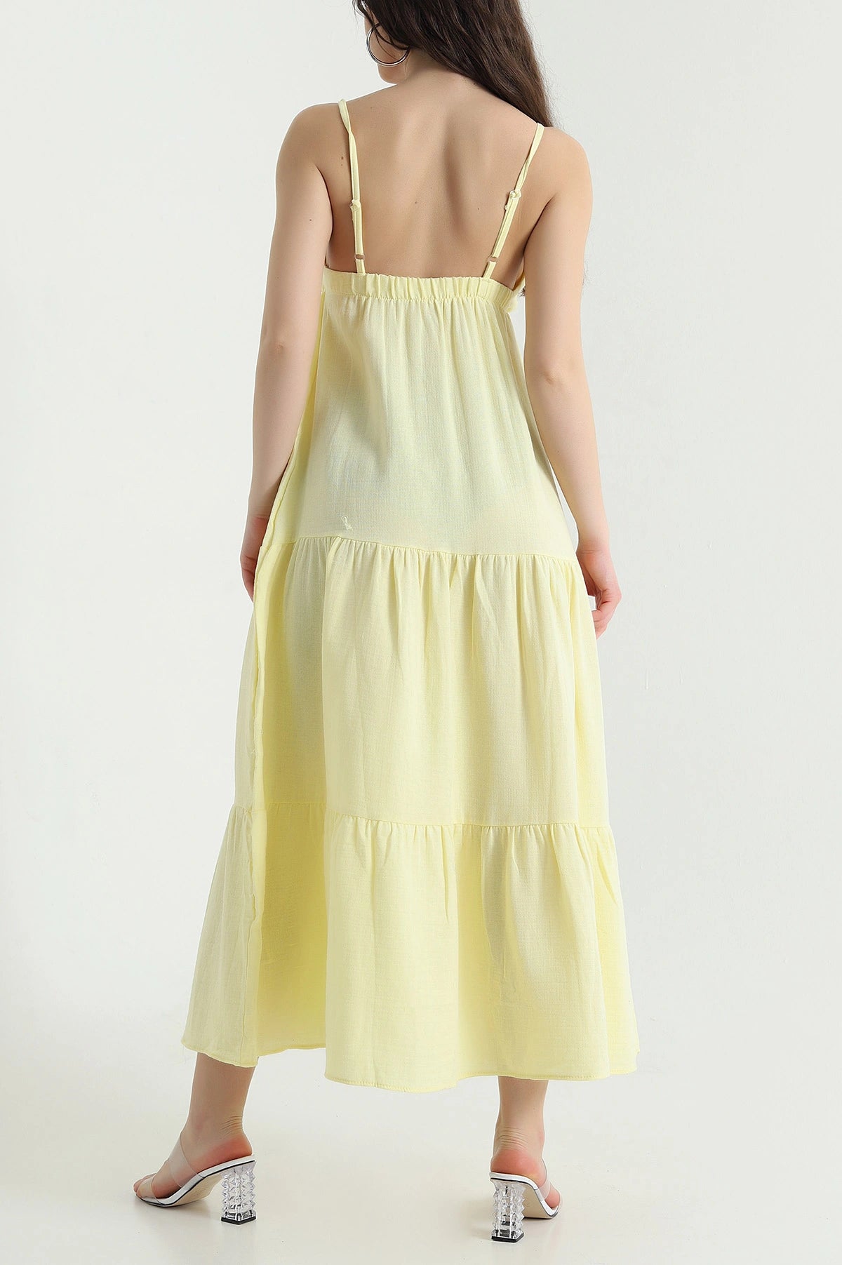 Yellow Thread Strap Muslin Linen Women's Dress