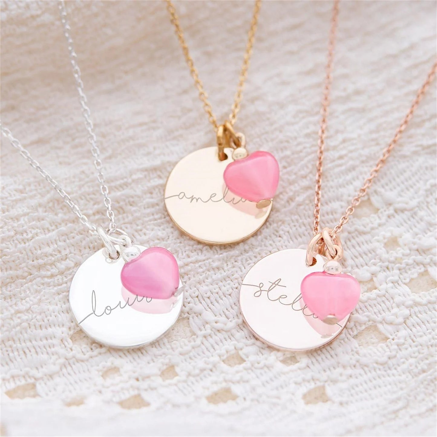 Custom Engraved Disc and Heart Charm Necklace