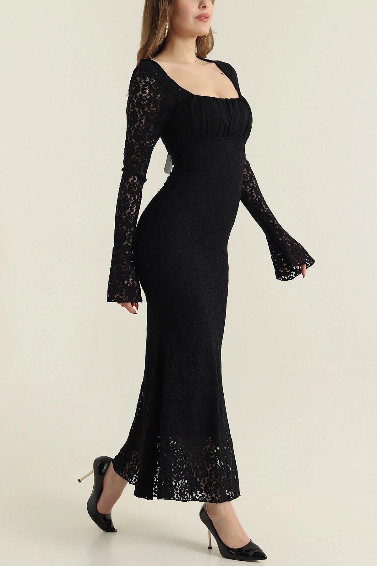 Black Lined Spanish Sleeve Lace Women's Dress - Denoss