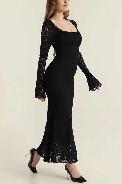 Black Lined Spanish Sleeve Lace Women's Dress - Denoss