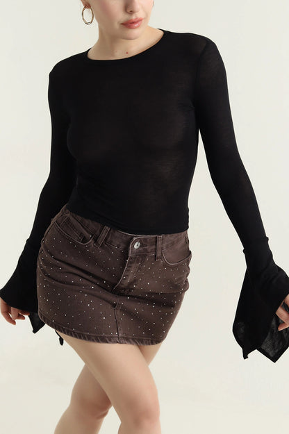 Black Crew Neck Transparent Women's Blouse - Denoss