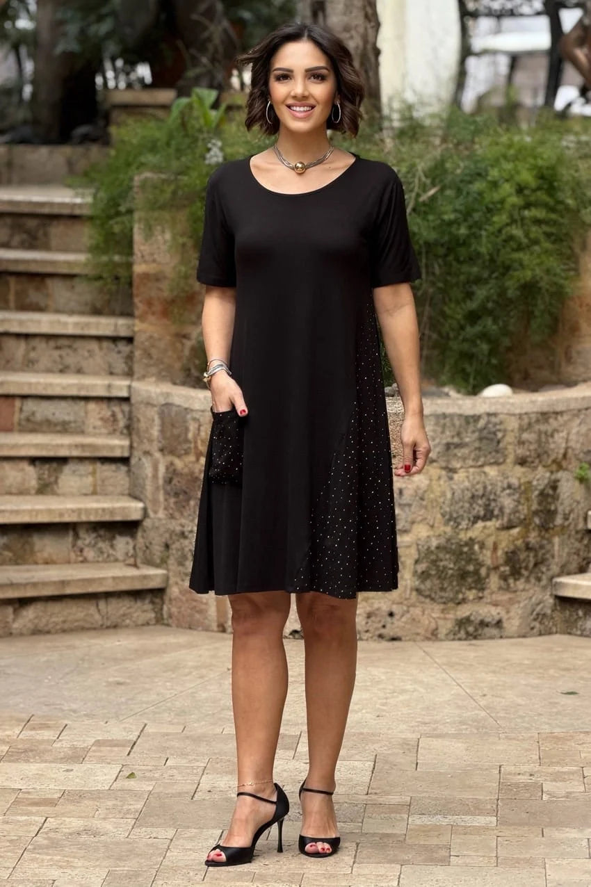 Black Cross Embellished Plus Size Cotton Jersey Dress - Denoss