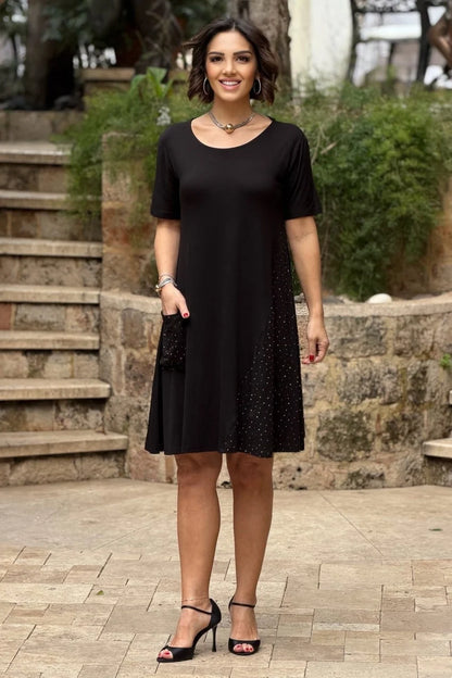 Black Cross Embellished Plus Size Cotton Jersey Dress - Denoss