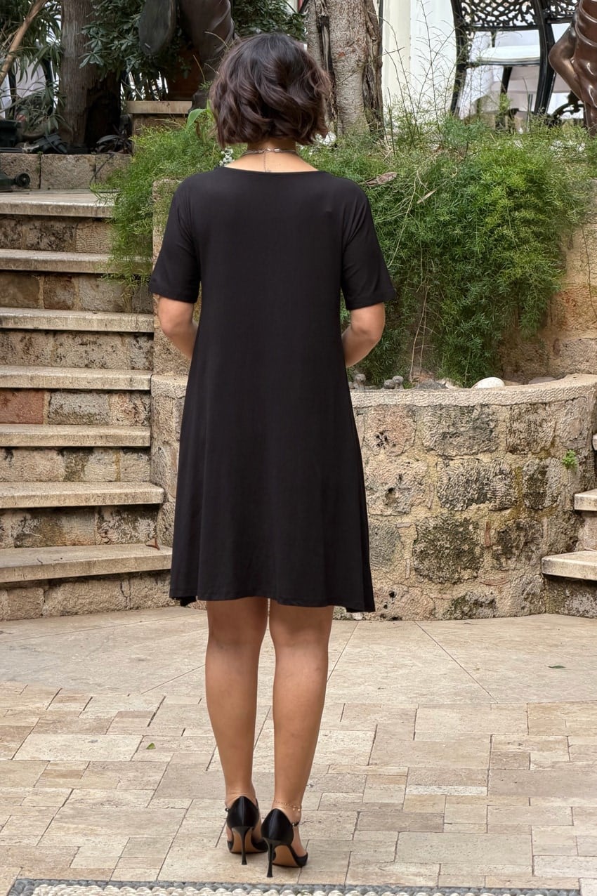Black Cross Embellished Plus Size Cotton Jersey Dress - Denoss