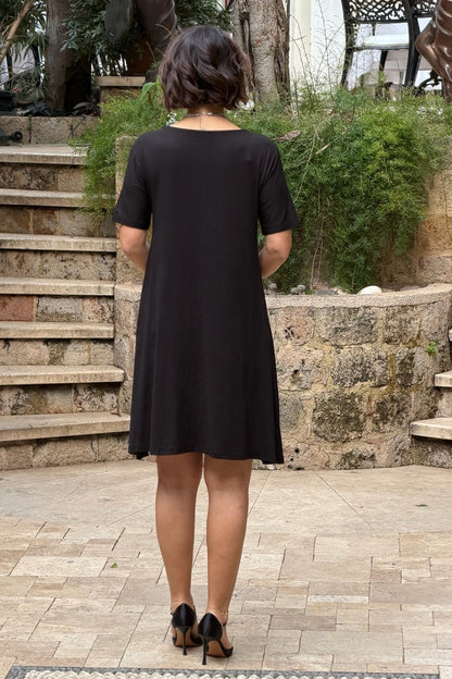 Black Cross Embellished Plus Size Cotton Jersey Dress - Denoss