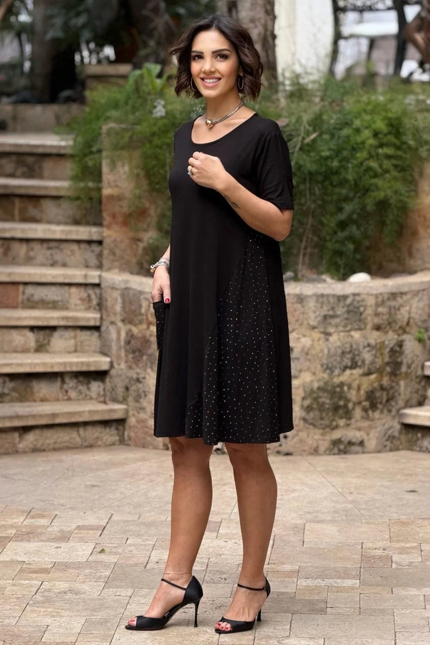 Black Cross Embellished Plus Size Cotton Jersey Dress - Denoss