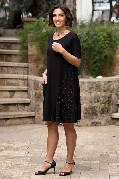 Black Cross Embellished Plus Size Cotton Jersey Dress - Denoss