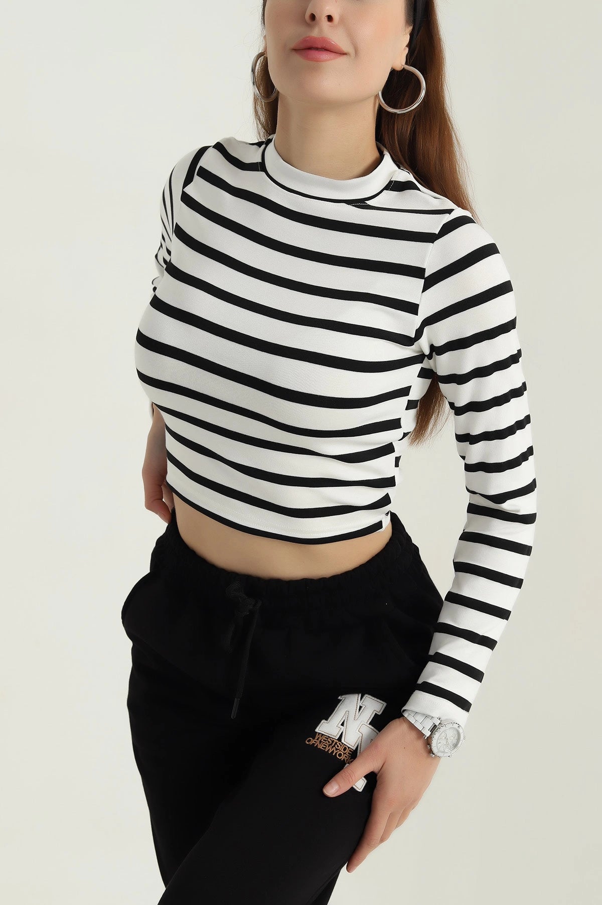 Black Striped Viscose Women's Bodysuit Blouse - Denoss