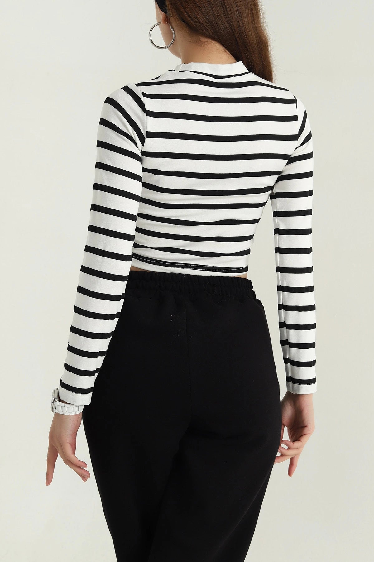 Black Striped Viscose Women's Bodysuit Blouse - Denoss