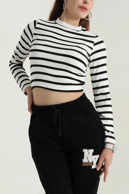 Black Striped Viscose Women's Bodysuit Blouse - Denoss