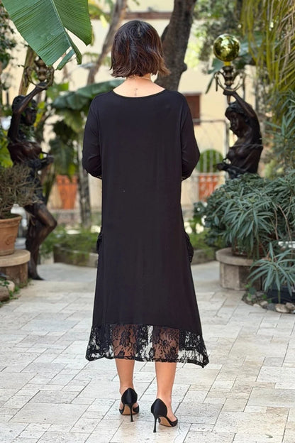 Black Love with Lace Pockets Plus Size Dress - Denoss