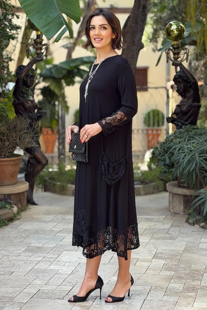 Black Love with Lace Pockets Plus Size Dress - Denoss