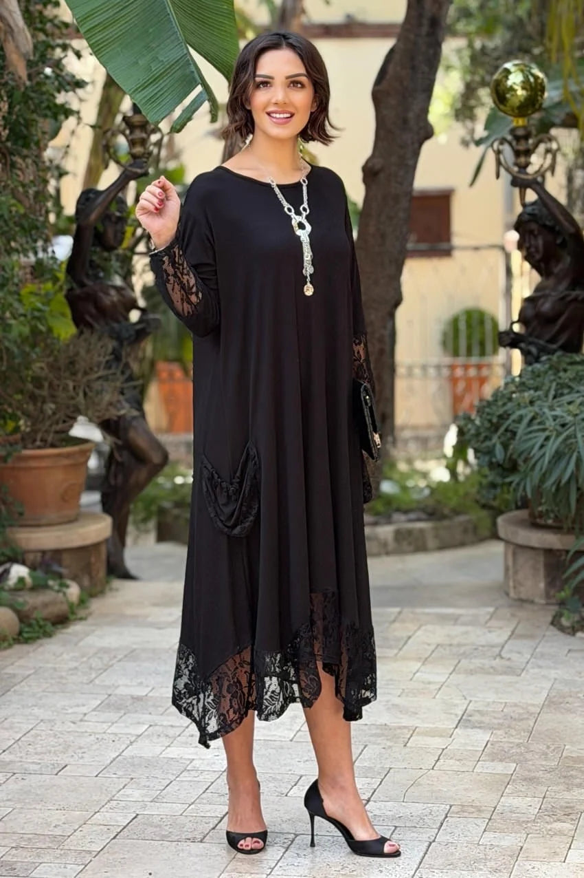 Black Love with Lace Pockets Plus Size Dress - Denoss