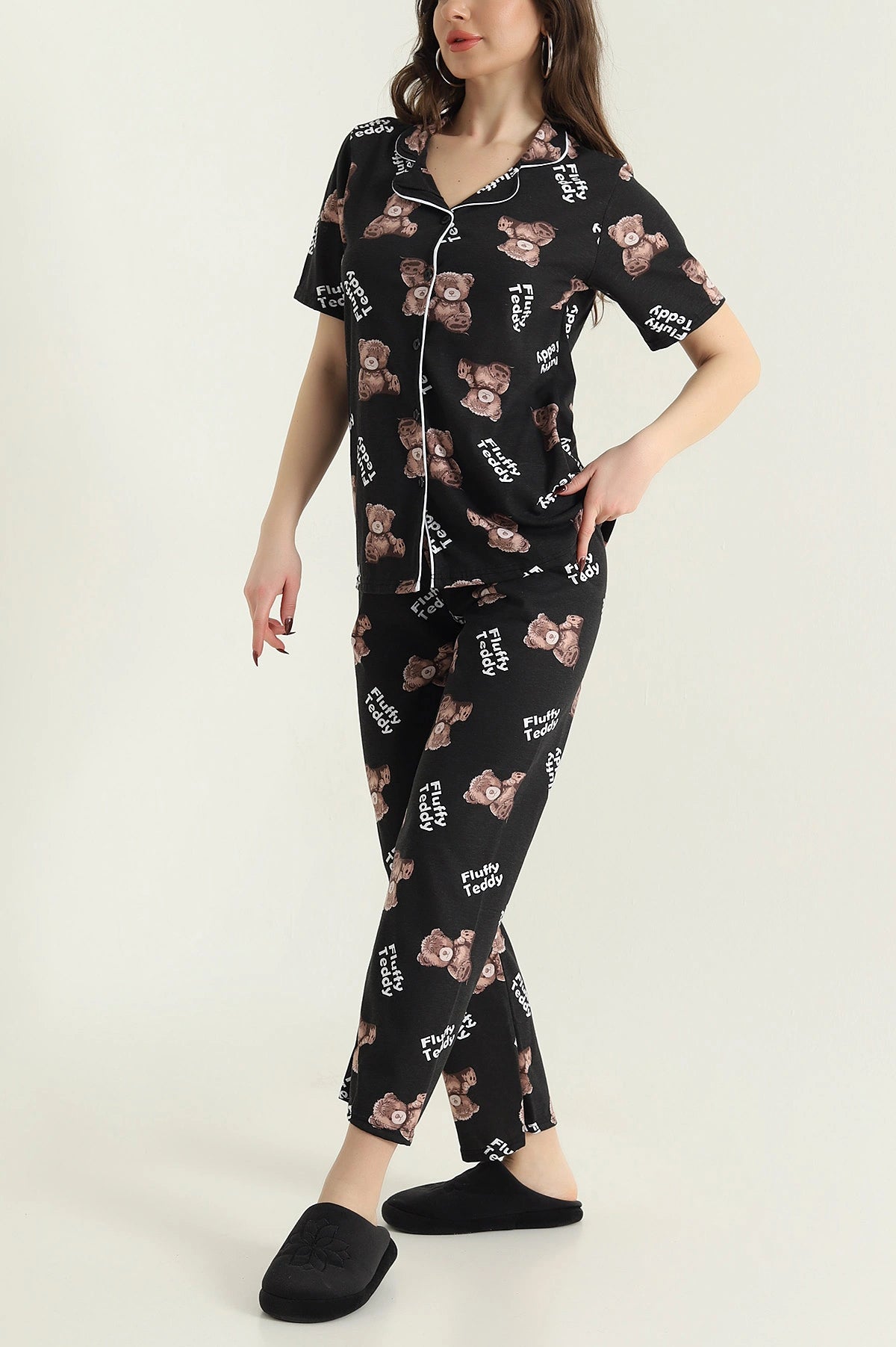 Black Buttoned Funny Bear Women's Pajama Set - Denoss