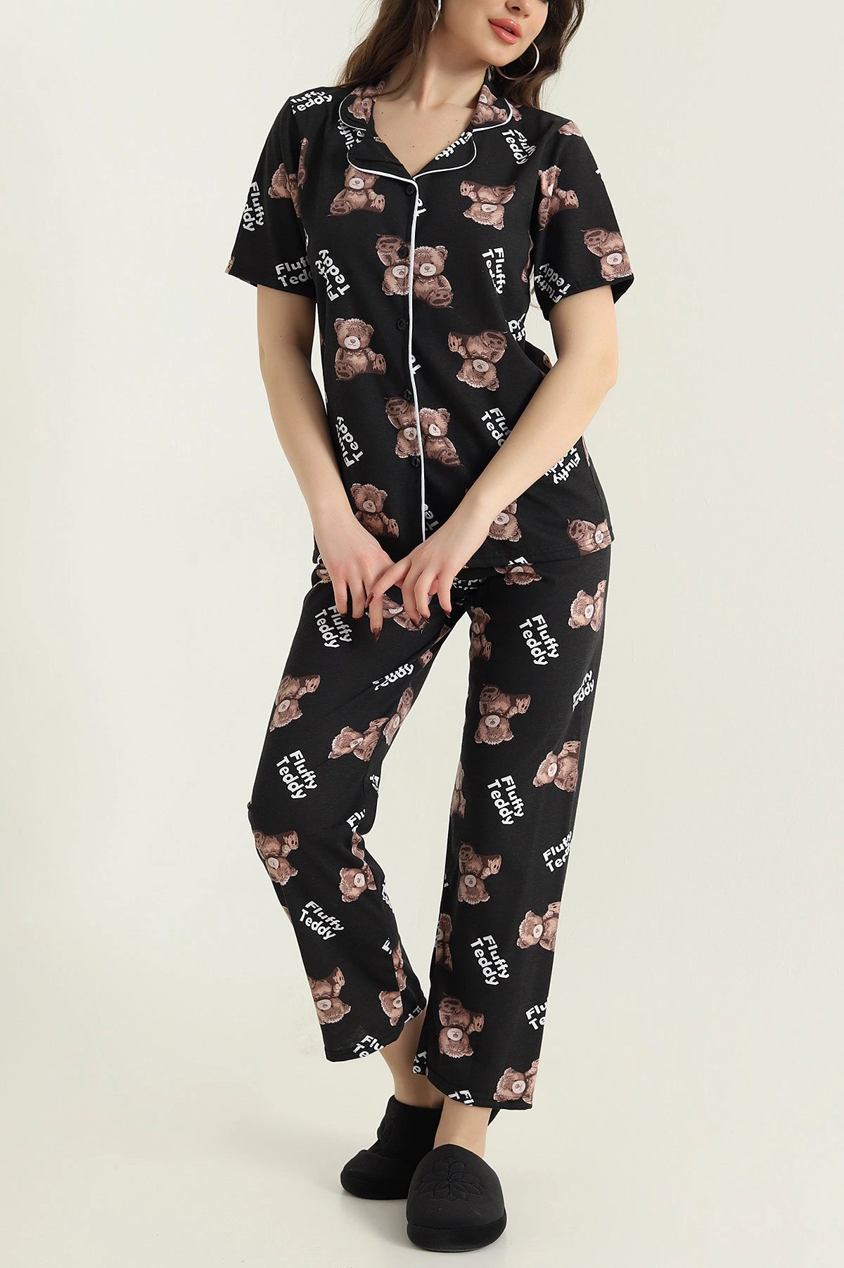 Black Buttoned Funny Bear Women's Pajama Set - Denoss