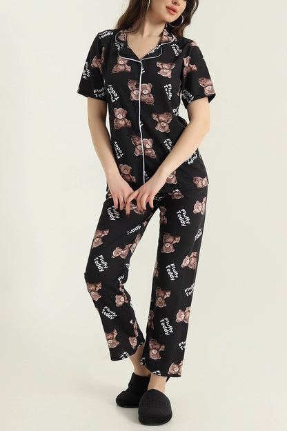 Black Buttoned Funny Bear Women's Pajama Set - Denoss