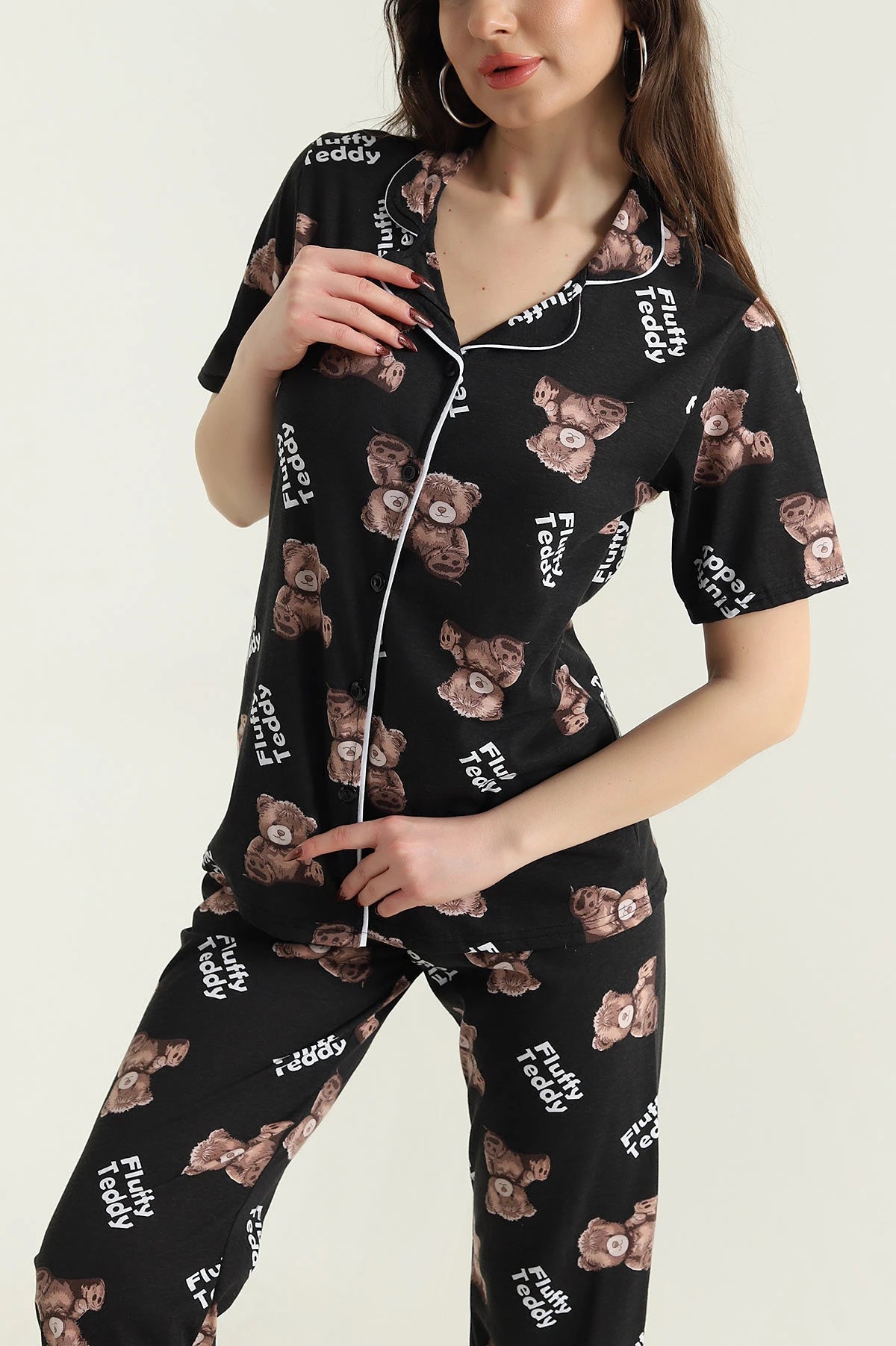Black Buttoned Funny Bear Women's Pajama Set - Denoss