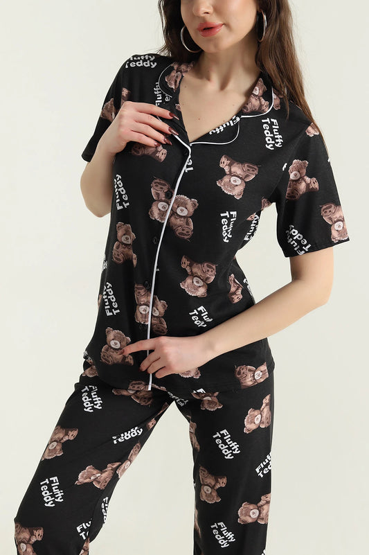 Black Buttoned Funny Bear Women's Pajama Set - Denoss