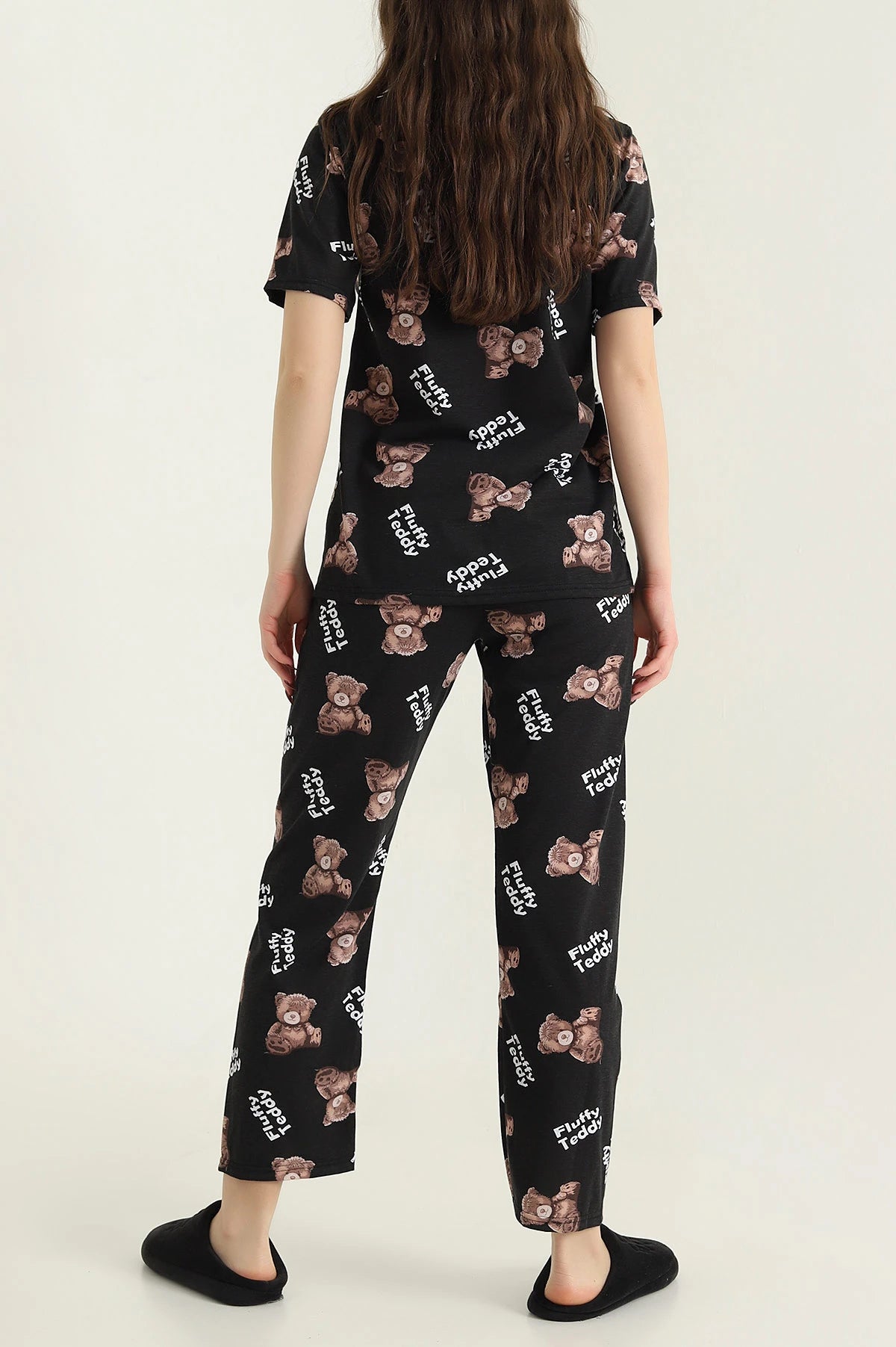 Black Buttoned Funny Bear Women's Pajama Set - Denoss