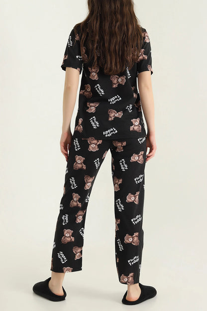 Black Buttoned Funny Bear Women's Pajama Set - Denoss