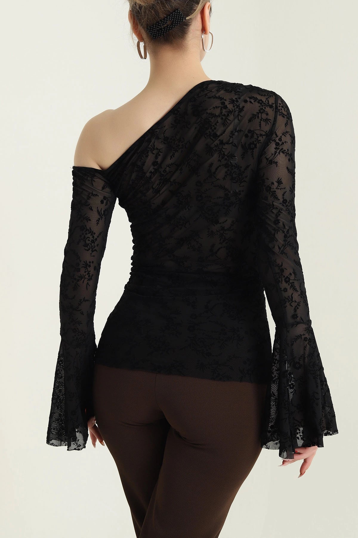 Black Flock Printed Tulle Women's Blouse - Denoss
