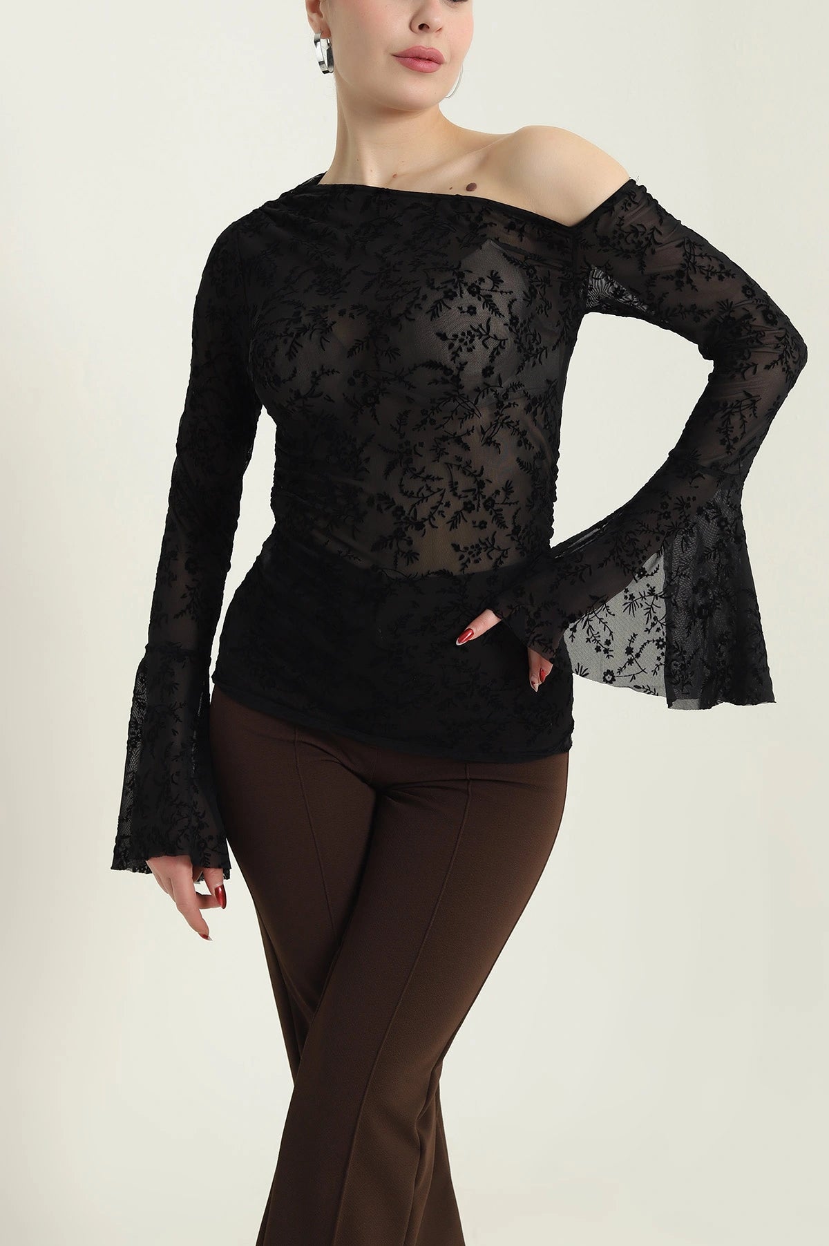 Black Flock Printed Tulle Women's Blouse - Denoss