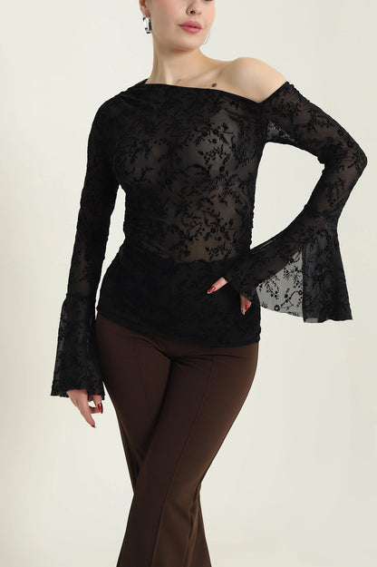 Black Flock Printed Tulle Women's Blouse - Denoss