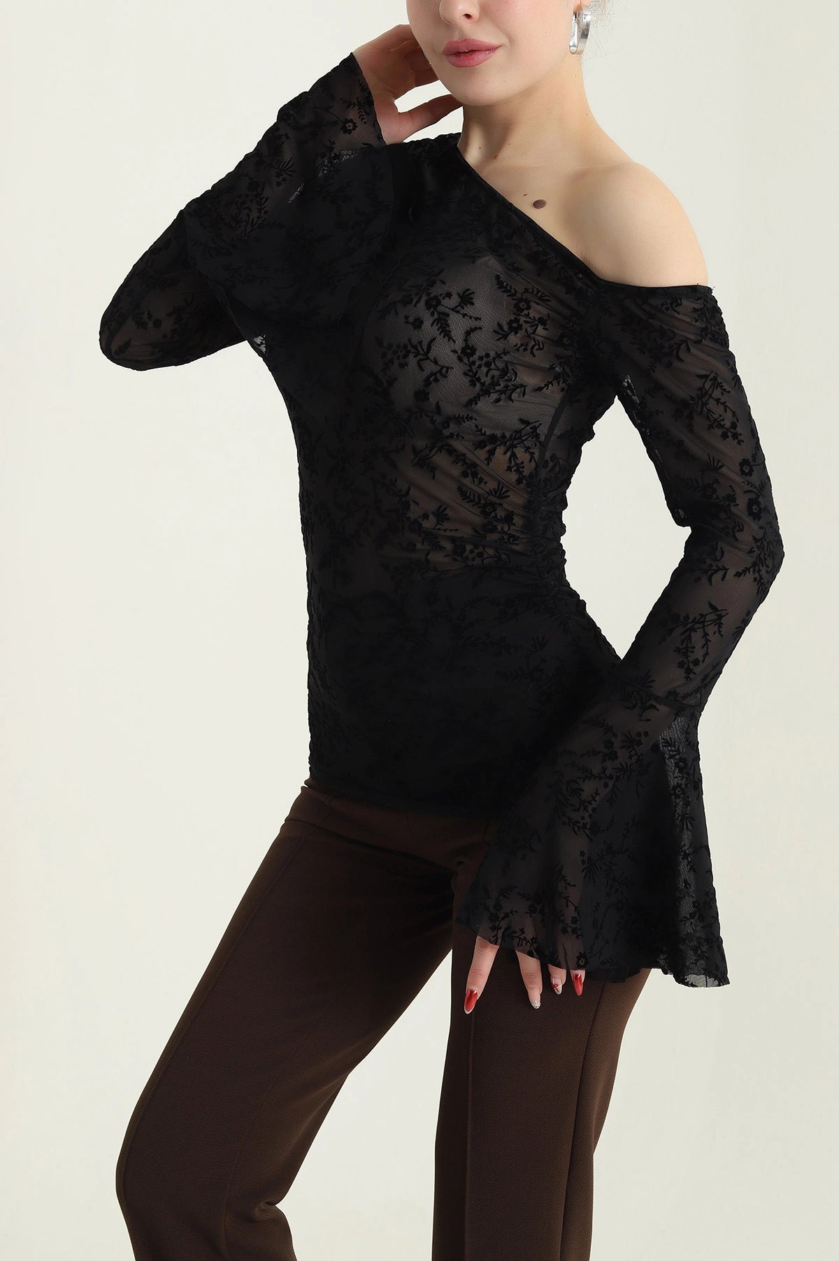 Black Flock Printed Tulle Women's Blouse - Denoss