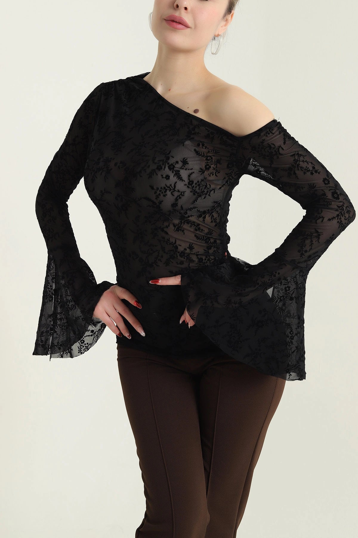 Black Flock Printed Tulle Women's Blouse - Denoss