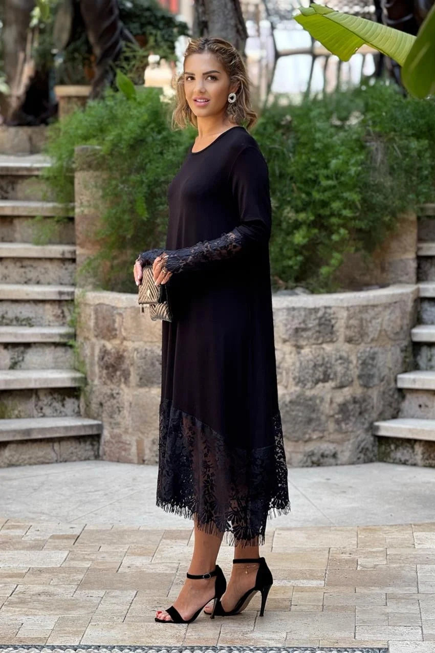 Black French Lace Plus Size Dress - Denoss