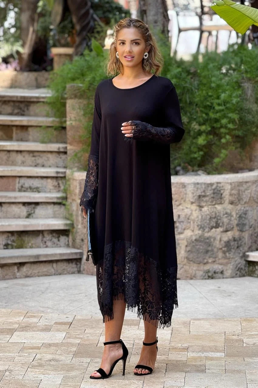 Black French Lace Plus Size Dress - Denoss