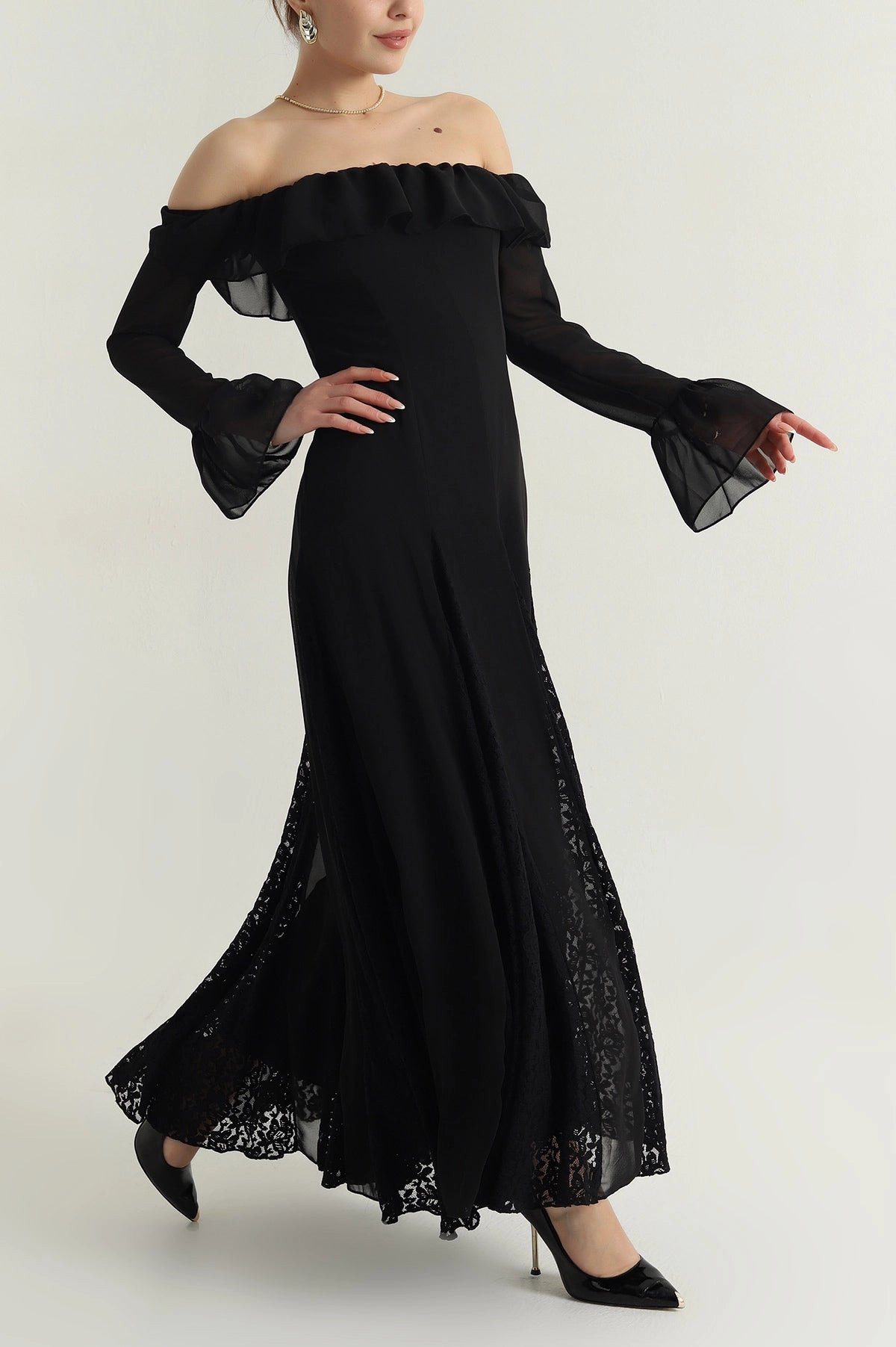 Black Laced Design Women's Chiffon Dress