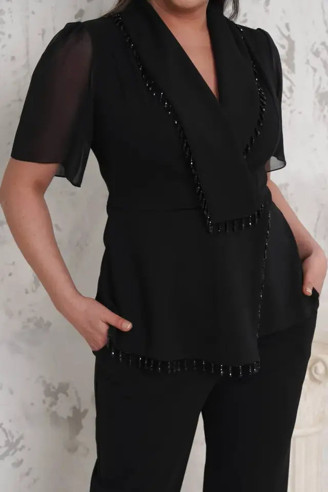 Elegant Black Pearl Embellished Double-Breasted Jacket and Pants Two-Piece Set - Denoss