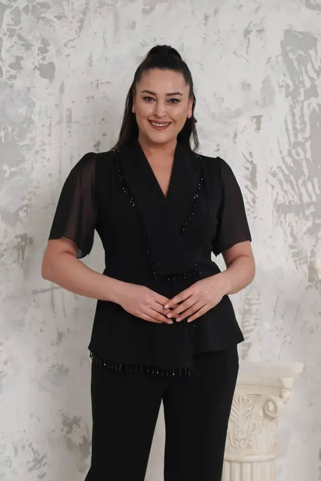 Elegant Black Pearl Embellished Double-Breasted Jacket and Pants Two-Piece Set - Denoss