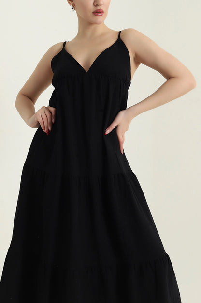 Black Thread Strap Muslin Linen Women's Dress