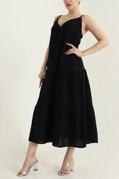 Black Thread Strap Muslin Linen Women's Dress
