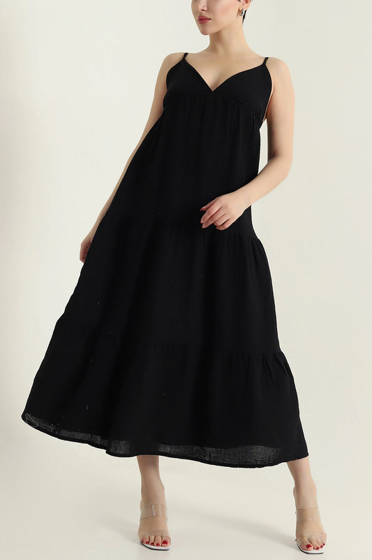 Black Thread Strap Muslin Linen Women's Dress
