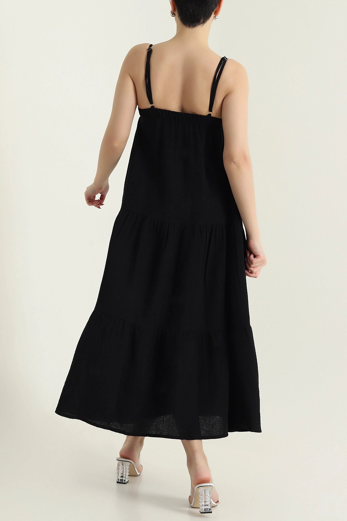 Black Thread Strap Muslin Linen Women's Dress